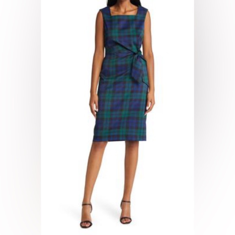 Tahari ASL Blue and Green Plaid Midi Dress